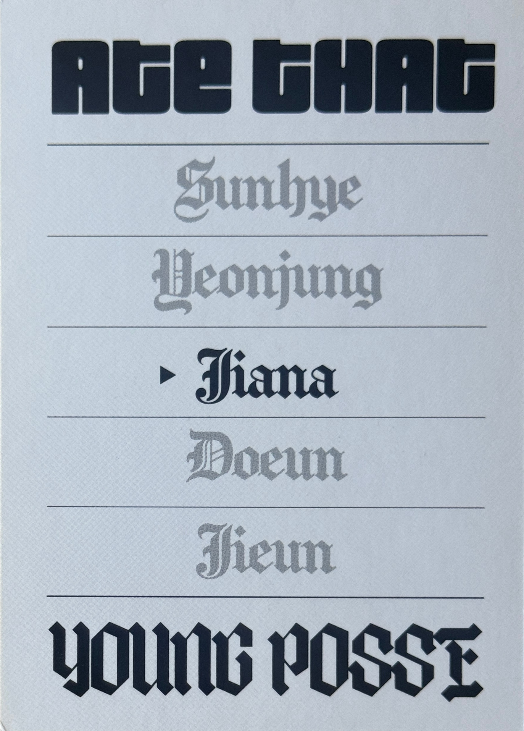 Jiana YOUNG POSSE photocard back side - Character Card (Ver 2)