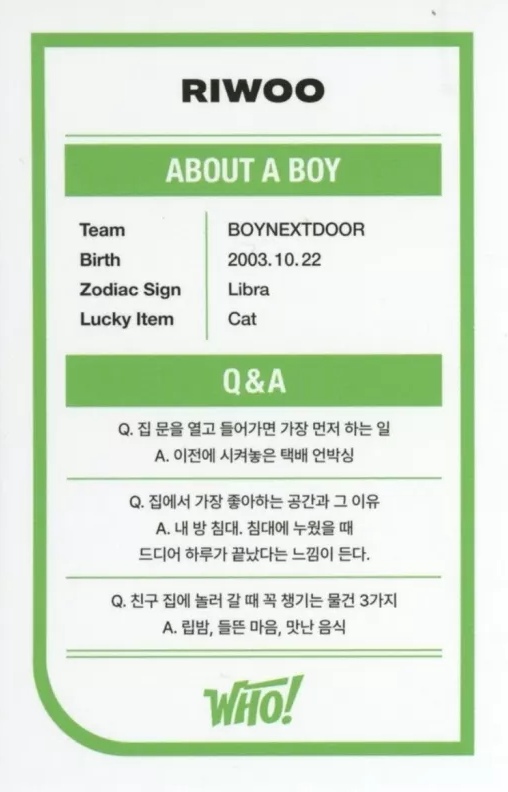 Riwoo BOYNEXTDOOR photocard back side - Trading Card Set