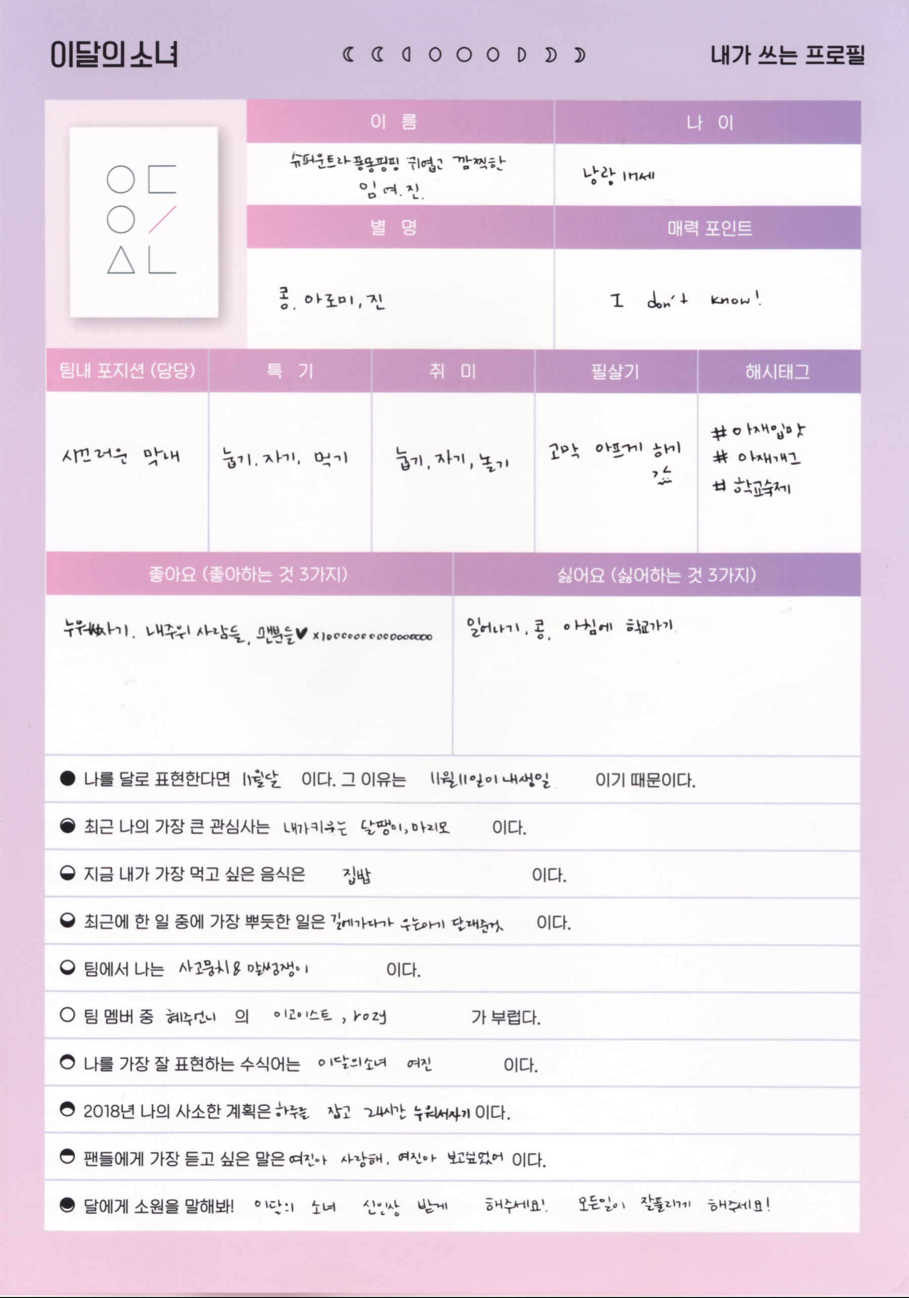 Yeojin LOONA photocard back side - Profile Set