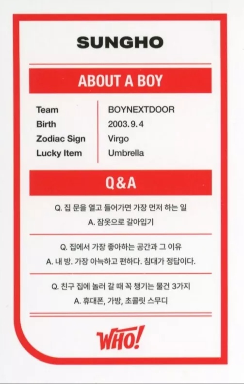 Sungho BOYNEXTDOOR photocard back side - Trading Card Set