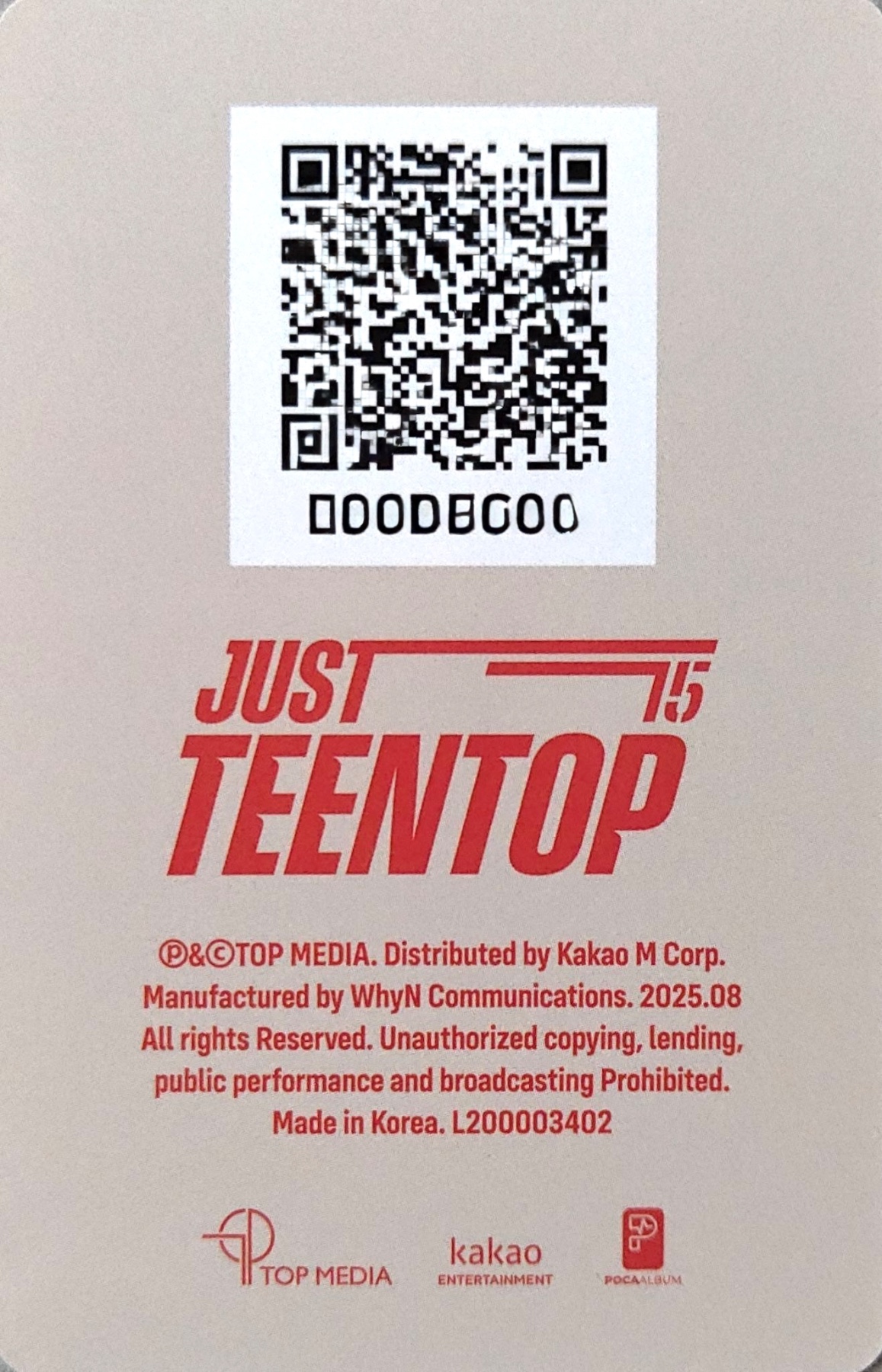 Chunji TEEN TOP photocard back side - QR Card