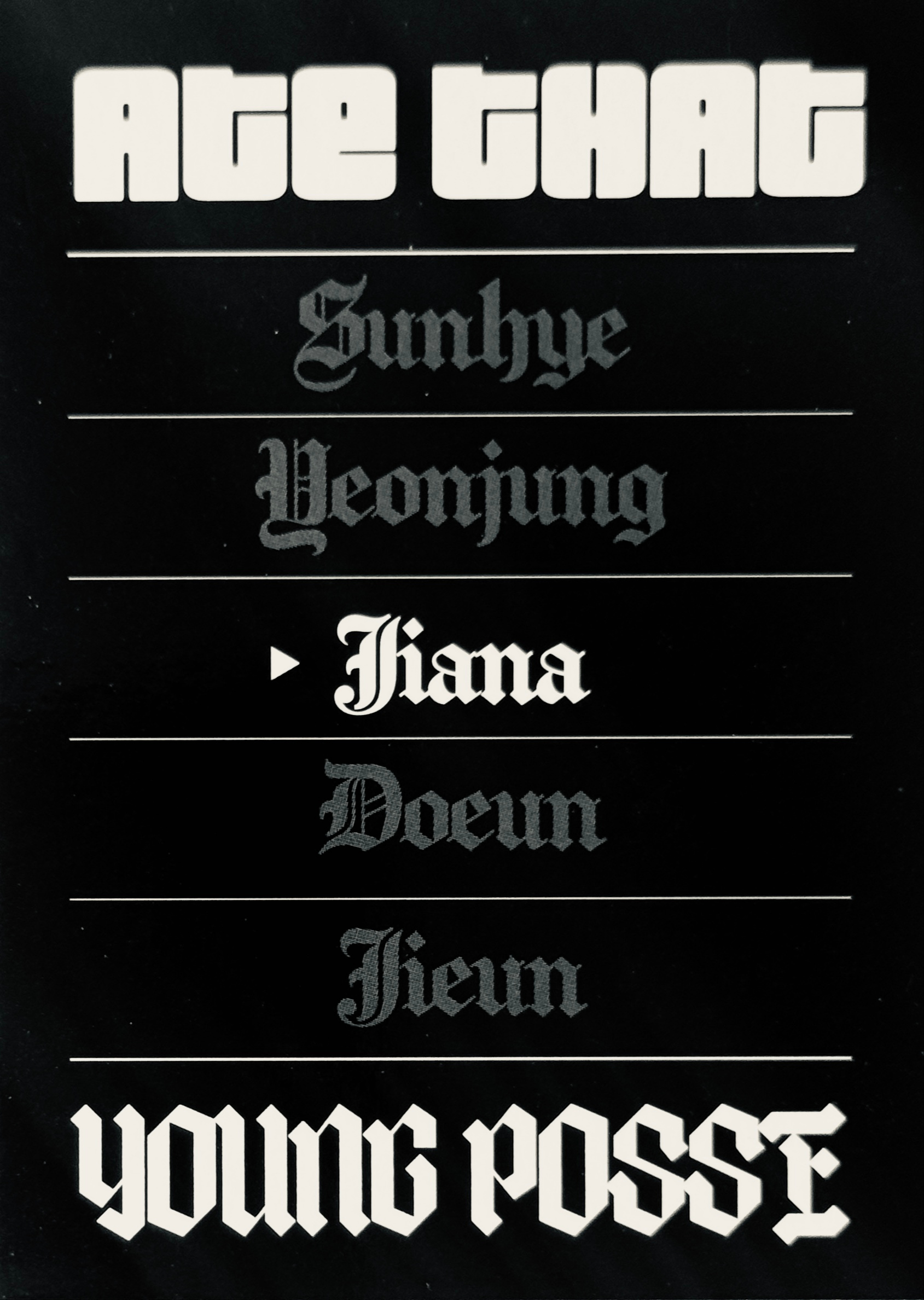 Jiana YOUNG POSSE photocard back side - Character Card (Ver 1)