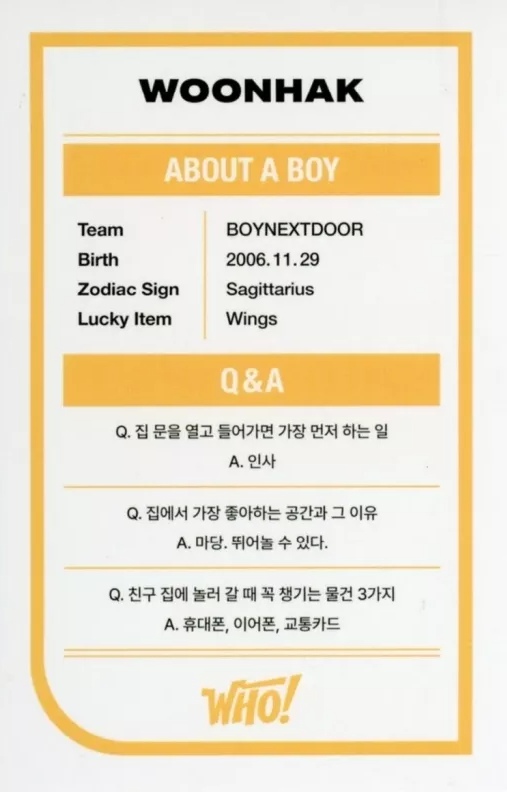 Woonhak BOYNEXTDOOR photocard back side - Trading Card Set
